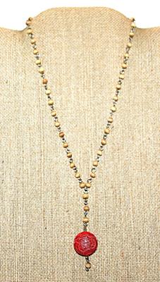 Carmel Colored Beads NECKLACE with Acrylic Red Pod Pendant on a Silver Tone Necklace Chain and Circle Clasp 20" L