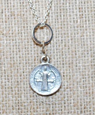 Small Saint's Medal Style PENDANT (¼" Diam.) on a Silver Tone Necklace Chain 18" L