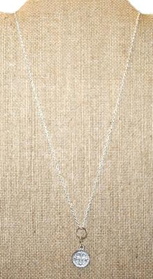 Small Saint's Medal Style PENDANT (¼" Diam.) on a Silver Tone Necklace Chain 18" L