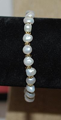 Beautiful White Faux PEARLS BRACELET (2" Opening) with Brushed Gold-Tone HEART, Spacers and Toggle Clasp