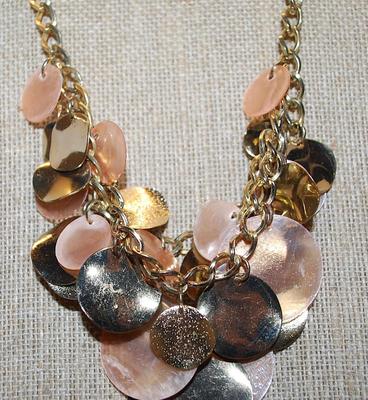 Cluster of Pink, Gold & Silver Colored Metal and Acrylic Disks NECKLACE on Gold Tone Necklace Chain and Lobster Clasp 15" L