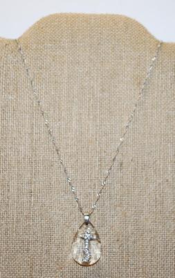 Silver "Cross on 4 Steps" on an Acrylic Teardrop PENDANT (3¼" x ¾") Necklace 20" L