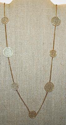 Filagree-Style Gold Colored "COINS" NECKLACE with Lobster Clasp & Stone on Drop Down Chain End 36" L