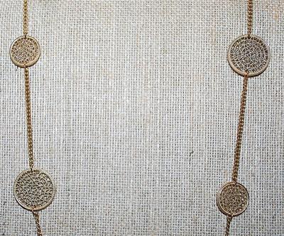 Filagree-Style Gold Colored "COINS" NECKLACE with Lobster Clasp & Stone on Drop Down Chain End 36" L