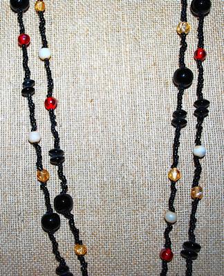 Double Strands Wrap-Around NECKLACE with Black, Amber, White & Beige Stones on a Continuous Black Beaded String 44" L