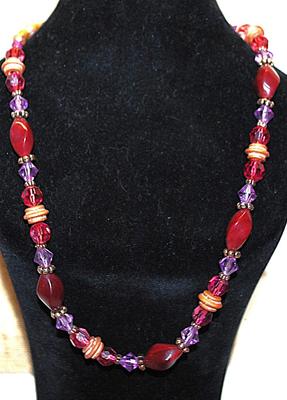 Multi-Color Wood & Acrylic NECKLACE with Purple, Brown and Red Beads and Circle Clasp 18" L