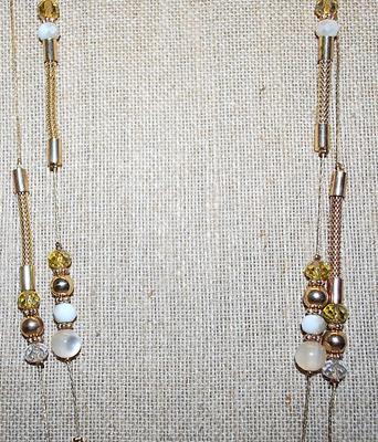 Very Cool Double Strands Gold Tone NECKLACE with Gold, Clear & Taupe Beads and Rope Style Capped Accents with Lobster Clasp
