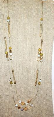 Very Cool Double Strands Gold Tone NECKLACE with Gold, Clear & Taupe Beads and Rope Style Capped Accents with Lobster Clasp