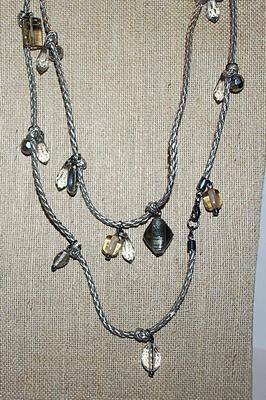 Silver Colored WRAP-AROUND NECKLACE with Twisted and Knotted Cord and Various Shaped Beads + Lobster Clasp 42" L