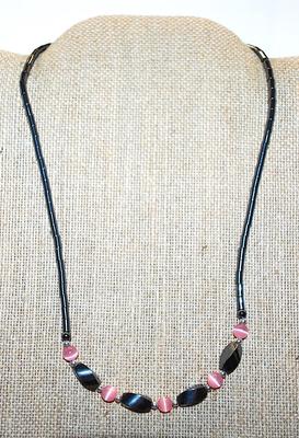 Pink & Black Beaded CHOKER NECKLACE with Black Tube Beaded "Chain" and Barrel Clasps 14" L