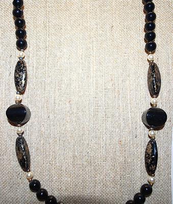 Marbled Gold & Black Colored PRISMS NECKLACE with Black Globes + Faux Pearl Bead Accents and Circle Clasp 28" L