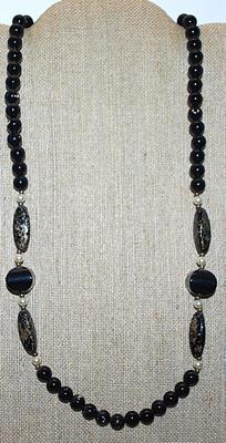 Marbled Gold & Black Colored PRISMS NECKLACE with Black Globes + Faux Pearl Bead Accents and Circle Clasp 28" L