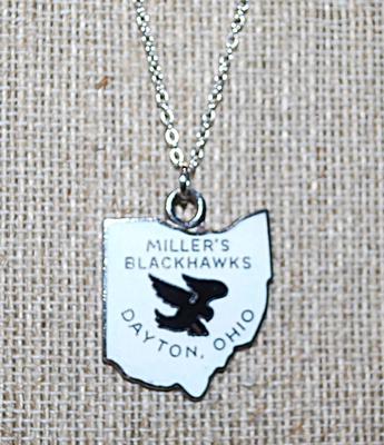 "MILLER'S BLACKHAWK DAYTON, OHIO" PENDANT (1" x 1") on a Silver Tone NECKLACE CHAIN 16" L