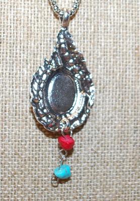 Colorful Tribal Style PENDANT (2½" x 1¼") with a Jade-Like Oval Stone on a Silver Tone Necklace Chain 24" L