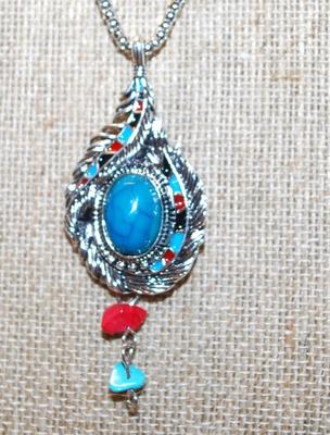 Colorful Tribal Style PENDANT (2½" x 1¼") with a Jade-Like Oval Stone on a Silver Tone Necklace Chain 24" L