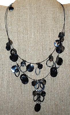 Stiff-Wired "Circles & Coins" NECKLACE with Dark Silver Colored Bead Accents and Lobster Clasp 20" L