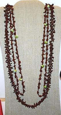 Collection of 2 Similar WRAP-AROUND NECKLACES with Acrylic Brown "Beads" and Shell Accents - 64" and 42" Long