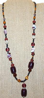 Purple & White Barrels, Globes, Chunk Stones NECKLACE with Amber, Clear + Green Highlight Stones and Screw Barrel Clasp 27" L