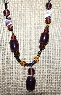 Purple & White Barrels, Globes, Chunk Stones NECKLACE with Amber, Clear + Green Highlight Stones and Screw Barrel Clasp 27" L