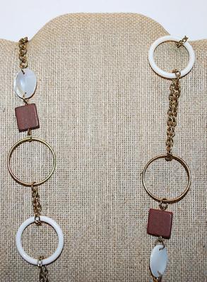 White, Brown & Gold Colored LOOPS, OVALS & SQUARES Wrap-Around NECKLACE with Lobster Clasp and Gold Tone Chain 38" L