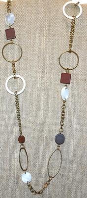 White, Brown & Gold Colored LOOPS, OVALS & SQUARES Wrap-Around NECKLACE with Lobster Clasp and Gold Tone Chain 38" L