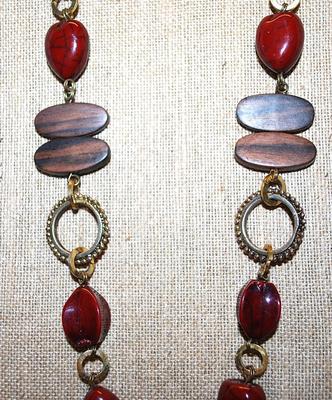 Chunky Deep Red BEADED NECKLACE with Oval Wood Accents and Gold Tone Circles with Lobster Clasp 24" L