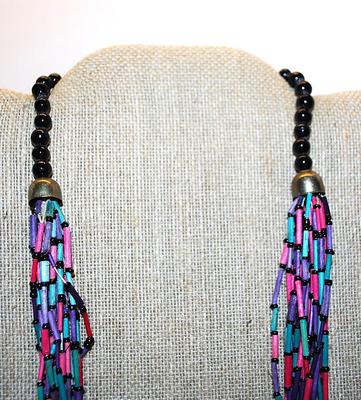Green, Red & Purple "TUBE STYLE BEADED" NECKLACE with Black Globes Neck Beads & Curved Hook Clasp 26" L