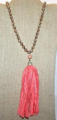 Wild + Odd Bejeweled Pink Cloth Strips Long NECKLACE with Glittery Covered Globes Necklace Chain and Lobster Clasp 30" L