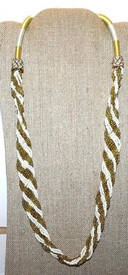 Vintage Heavily Gold & White Beaded and Intertwined NECKLACE - Marked "1946" with Bejeweled Caps and Rope Style Upper &...