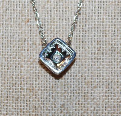 Single Round Clear Stone PENDANT (½" x ½") with Full Surround on a Silver Tone Necklace Chain 17" L
