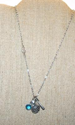 BASEBALL NECKLACE with Glove & Ball, Bat, Heart and Stone Accents on a Silver Tone Necklace Chain 17" L