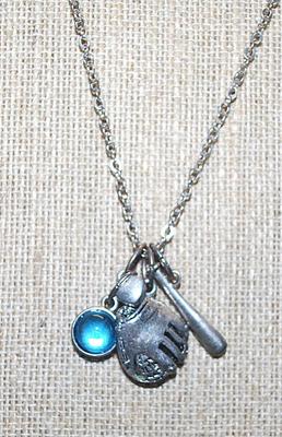 BASEBALL NECKLACE with Glove & Ball, Bat, Heart and Stone Accents on a Silver Tone Necklace Chain 17" L