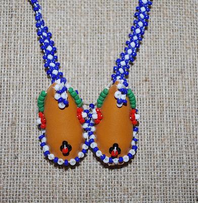 Beaded Moccasin Style PENDANT (1½" x 1¼") on a Blue & White NECKLACE CHAIN 24" L