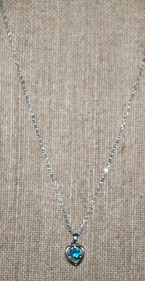 Round Blue Stone in a HEART Setting PENDANT (½" x ½") on a Silver Tone Necklace Chain 16" L
