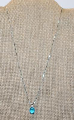 Double Hook Oval Cut Blue Stone PENDANT (¾" x ½") on a Silver Tone Necklace Chain 18" L