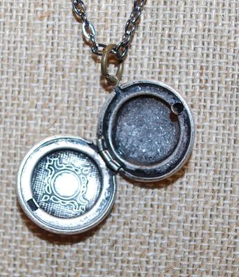 Graphic Designed Round Silver Tone Locket PENDANT (¾" Diam.) on a Dark Necklace Chain 19" L