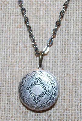 Graphic Designed Round Silver Tone Locket PENDANT (¾" Diam.) on a Dark Necklace Chain 19" L