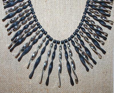 Unique Black and Silver Colored "Knurled & Curled Bits" NECKLACE with Black Bead Accents, Black Chain & Lobster Clasp...
