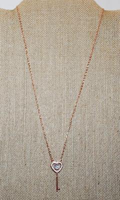 Diamond-Style ROSE GOLD Heart Shaped KEY PENDANT 1¼" x ½" on a Rose Gold Necklace Chain 17" L