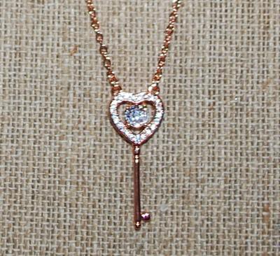 Diamond-Style ROSE GOLD Heart Shaped KEY PENDANT 1¼" x ½" on a Rose Gold Necklace Chain 17" L