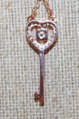 Diamond-Style ROSE GOLD Heart Shaped KEY PENDANT 1¼" x ½" on a Rose Gold Necklace Chain 17" L