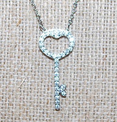 Small HEART Shape KEY PENDANT 1" x ½" on a Silver Tone Necklace Chain 16" L