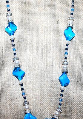 Unique "PEARLS & SEASHELLS" PENDANT (1¼" Diam.) NECKLACE with Blue Acrylic Beads Accents on a Silver Tone Chain &...