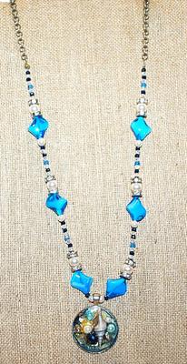 Unique "PEARLS & SEASHELLS" PENDANT (1¼" Diam.) NECKLACE with Blue Acrylic Beads Accents on a Silver Tone Chain &...
