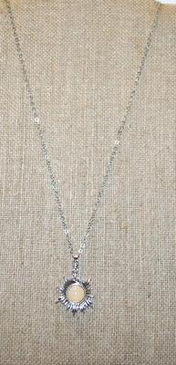 "Spikey" Sun PENDANT (1" Diameter) with a Round Beige Opaque Stone on a Silver Tone Necklace Chain 18" L