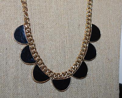 Row of 7 Black & Gold Colored HALF CIRCLES NECKLACE with Solid Link Gold Tone Chain and Lobster Clasp