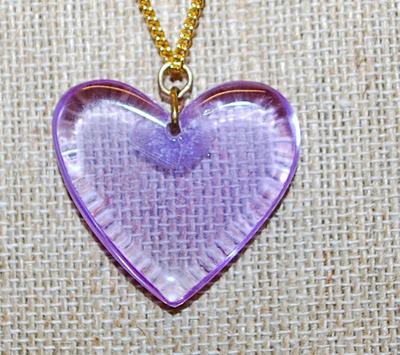 VINTAGE 1940's Or Later Lucite LAVENDER HEART PENDANT (1¼" x 1¼") with a Snap-On Clasp Brass Colored Necklace Chain...