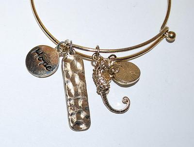 Single Wire CHARMS-STYLE BANGLE BRACELET (2¼" Opening) With "Seahorse, Hope, Dreaming of the Sea Charms