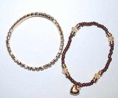 Collection of 2 Elastic BRACELETS (2" Opening) with Brown Beads & HEART; and Infinity Style Clear Stone Style with Gold Tone...