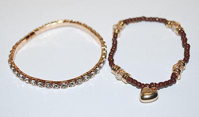 Collection of 2 Elastic BRACELETS (2" Opening) with Brown Beads & HEART; and Infinity Style Clear Stone Style with Gold Tone...